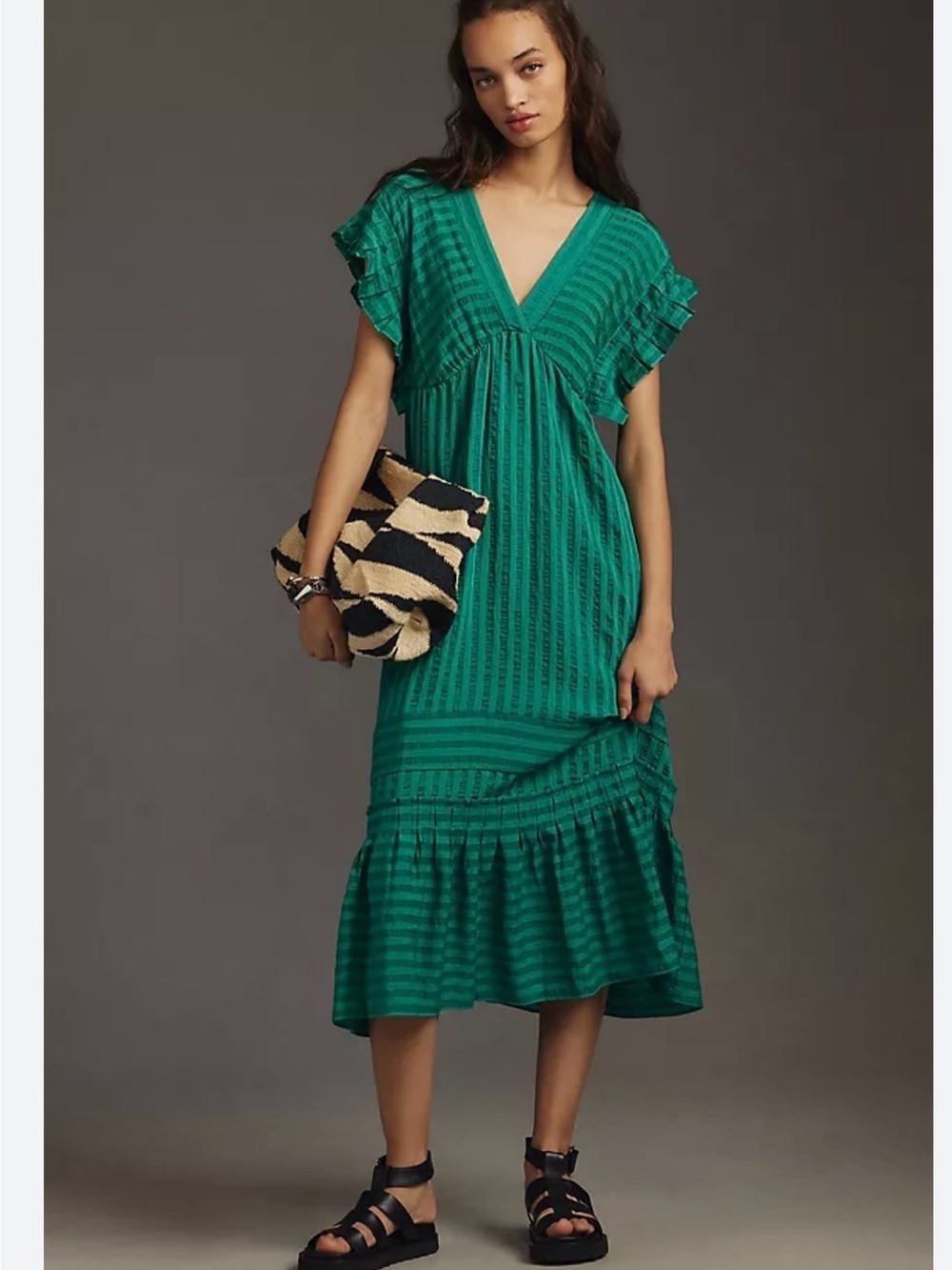 Anthropologie Teal Green V‑Neck Ruffle Midi Dress - Picture 2 of 7